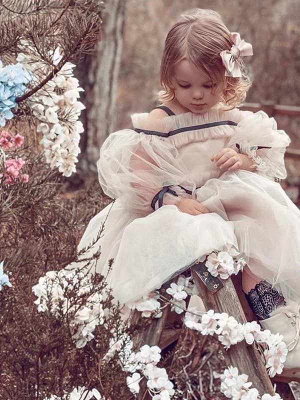 Elegant Ball Gown Kids Tulle Puff Sleeve Dress