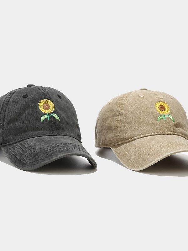 Washed-out Vintage SUNFLOWER Embroidered Peaked Cap Outdoor Travel