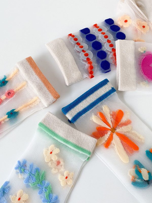 جوارب كريستال النسائية الصيفية الطويلة الرقيقة المزينة بالزهور، جوارب زوجي