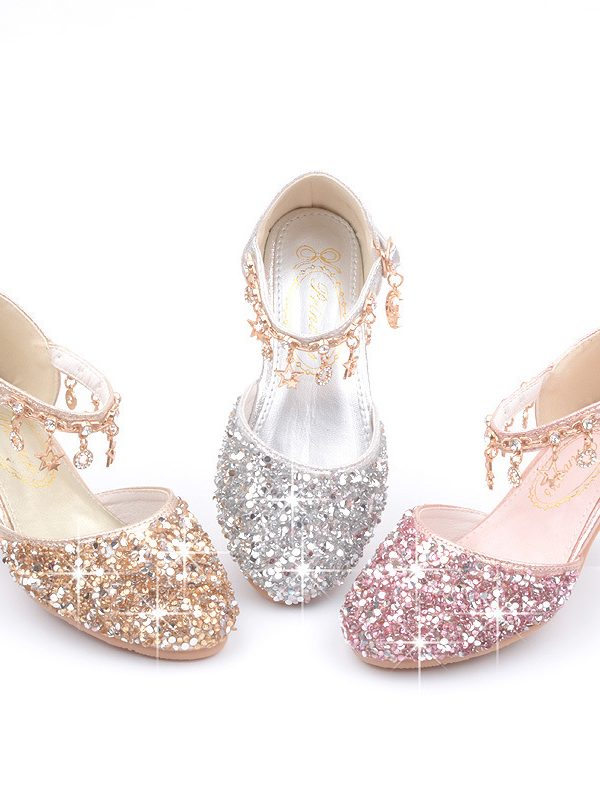 Girls High Heel Shoes Sequined Spring And Autumn Medium And Large Children Princess Sandals
