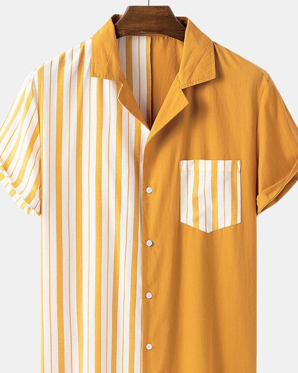 قميص رجالي مخطط بأكمام قصيرة وياقة دائرية