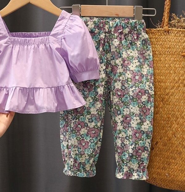 طقم أطفال من قطعتين بنمط غربي مزين بالزهور