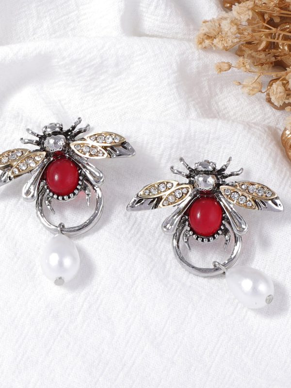 Personality Temperament Alloy Insect Bee Water Drop Imitation Pearl Earrings