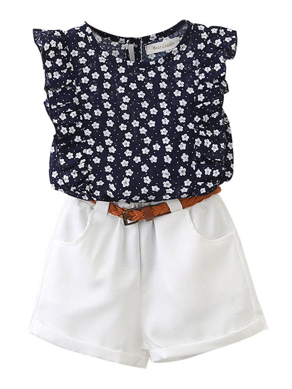 طقم بناتي بدون أكمام مزين بالزهور، مكون من تيشيرت وشورت، مع حزام مجاني.