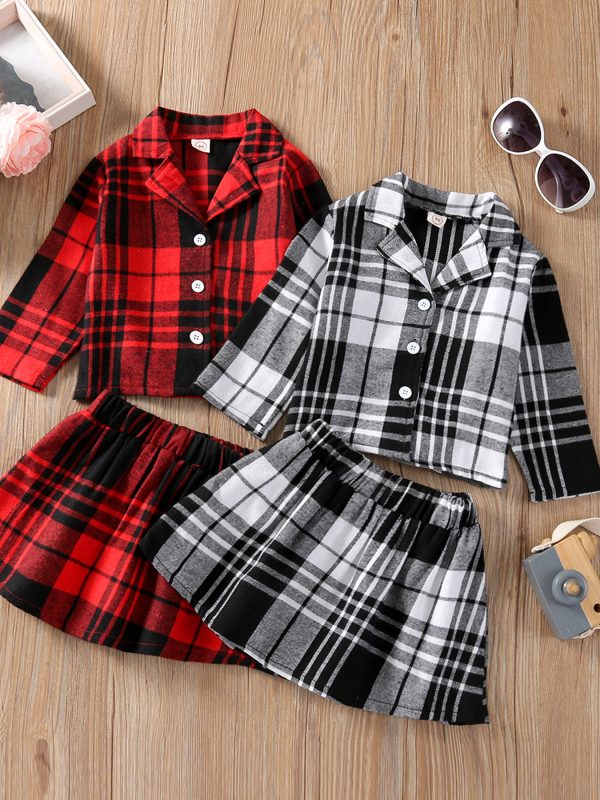 طقم قطعتين للبنات: تنورة كاروهات بأكمام طويلة