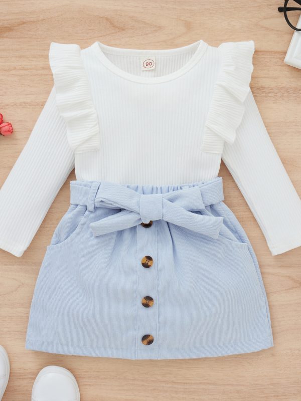 طقم تنورة وتنورة بأكمام طويلة للأطفال بلون موحد مزين بفيونكة