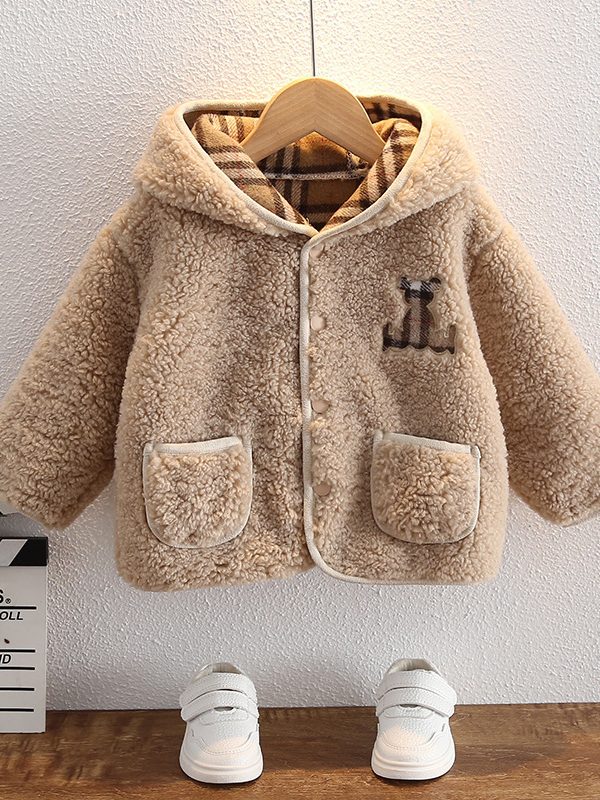 معطف أطفال صوف سميك بغطاء رأس وأزرار