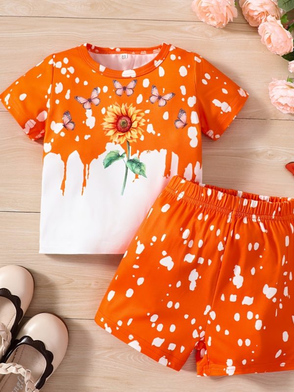 Girls Sunflower And Butterfly Pattern Short Sleeve Top Shorts Suit