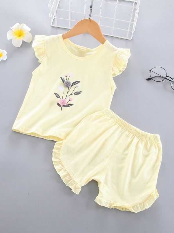 طقم ملابس صيفي للأطفال مكون من صدرية دانتيل بدون أكمام وشورت قصير بأكمام قصيرة ولون سادة، مناسب للفتيات.