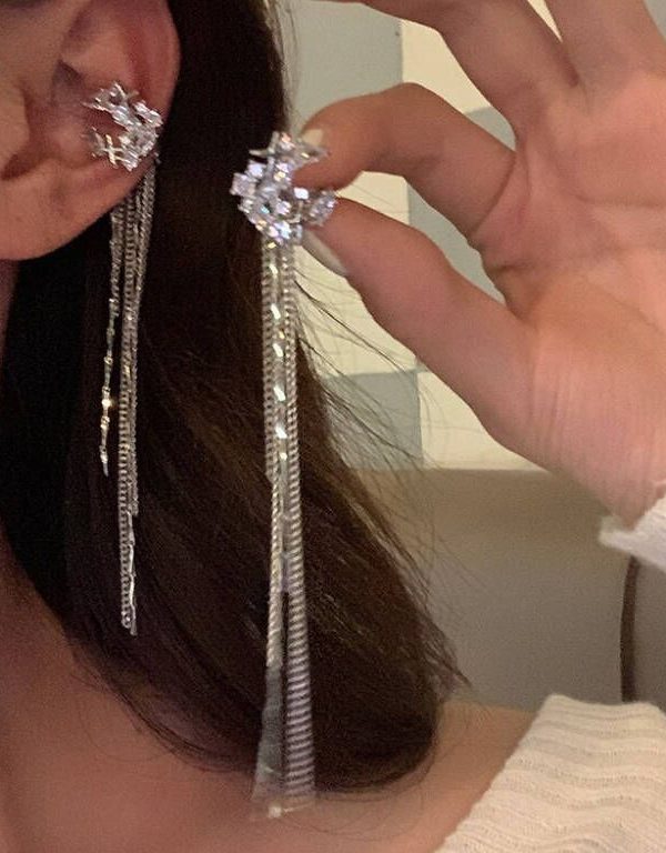 Moon Zircon Long Tassel Chain Earrings Without Ear Holes Small And Elegant Design