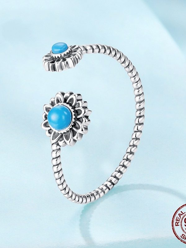 خاتم مفتوح عتيق من الفضة الإسترليني عيار 925 مرصع بزهرة عباد الشمس والفيروز