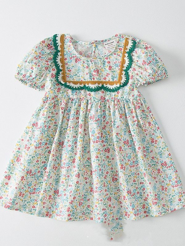 فستان صيفي مزهر للبنات بتطريز مربع الرقبة
