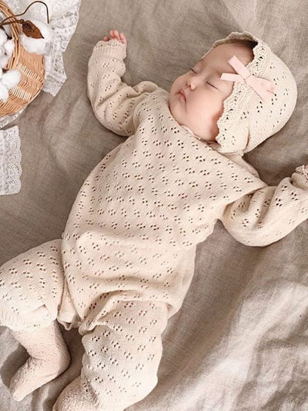 كنزة أطفال بياقة دائرية مزينة بالدانتيل، كنزة محبوكة بأكمام منفوخة