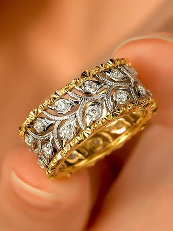 Two-tone Ring Wheat Leaves Delicate Ornament Inlaid Zircon Elegant