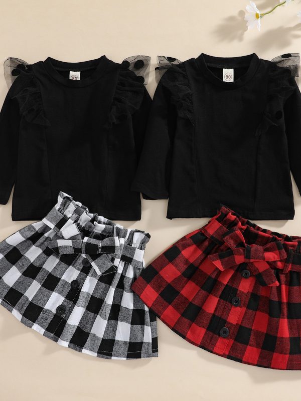 طقم تنورة كاروهات باللونين الأحمر والأسود، طقم قطعتين بأكمام واسعة منقطة باللون الأسود