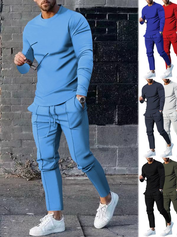 Men's Long-sleeved Suit Slim Crew Neck Pullover T-shirt And Pockets Drawstring Pencil Pants Casual Trousers Set Clothing