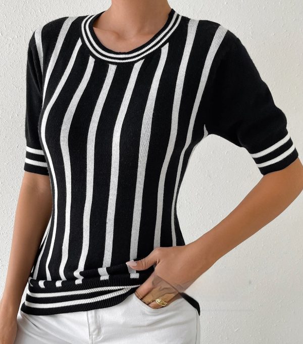 SpringSummer New Womens Striped Short-Sleeve Fashion Top Knit Sweater