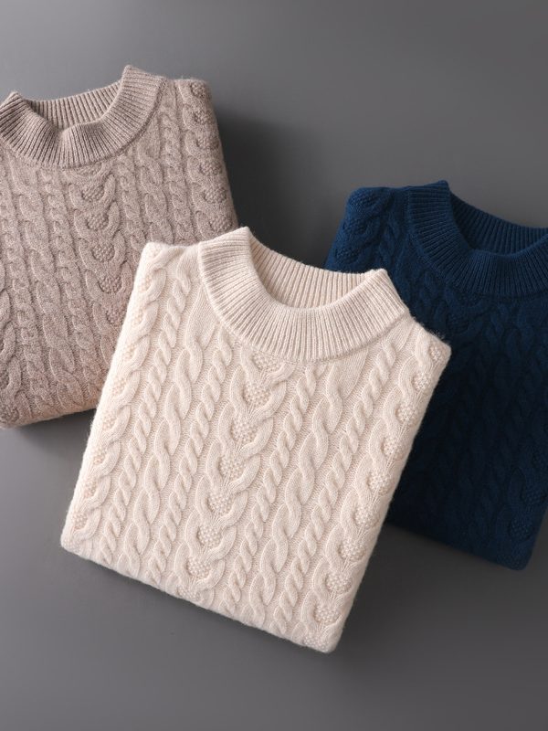 Men's Wool Sweater With Half Turtleneck And Cable Knit