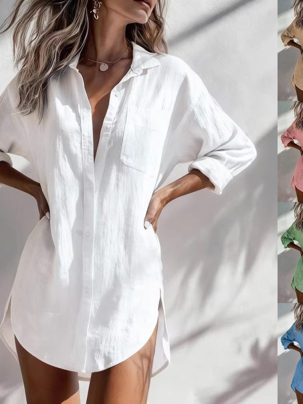 Loose-fitting Womens Solid-color Lapel Shirt