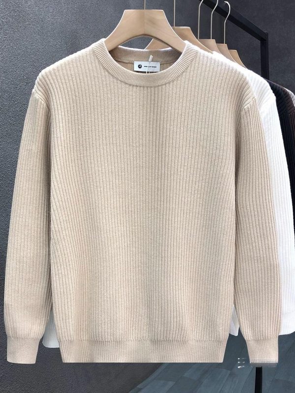 Mens Versatile Simple Solid-Color Apricot Knitted Sweater