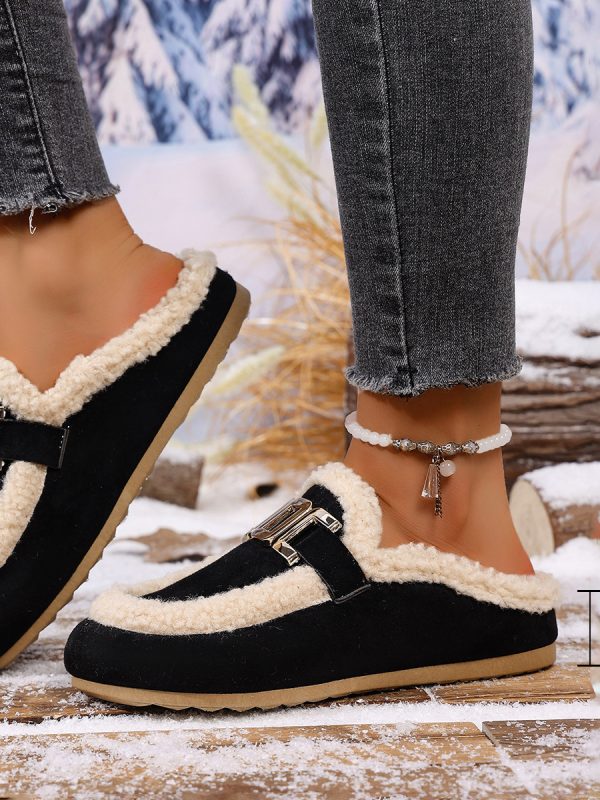 Women's Flat Lamb Wool Slippers Winter New Birkenstock Closed Toe Fluffy Shoes Lazy Cotton Slippers