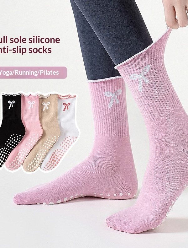 جوارب يوغا متوسطة الطول، جوارب قطنية مكشكشة من السيليكون مانعة للانزلاق
