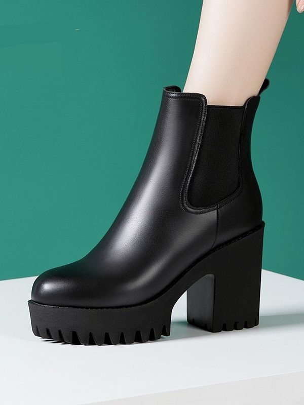 Women's Solid Color Genuine Leather High-heel Thick-heel Platform Mid-calf Boots