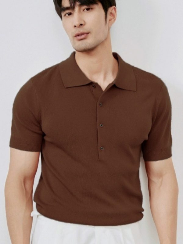 Light Luxury Solid Color Lapel Knitted Ice Silk Simple Short Sleeve