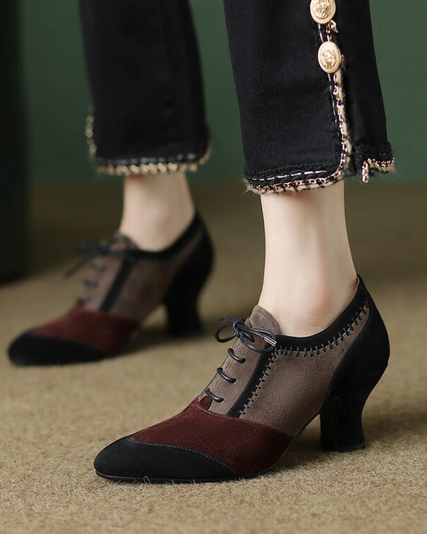 Front Tie Deep Opening Color-blocking Retro High-heel Leather Shoes