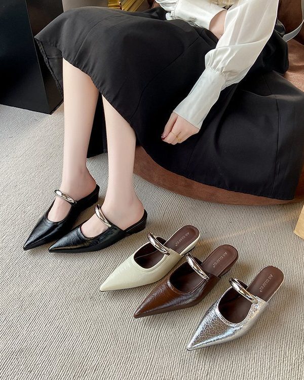 Pointed Toe Slip-on Mule Sandals With Chunky Heels