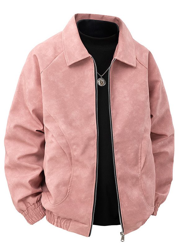 جاكيت رجالي من جلد الغزال بتصميم كلاسيكي مقاوم للرياح، لون بني عتيق، بياقة عريضة