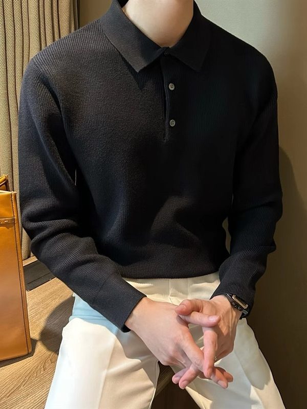 Lapel Long Sleeve Men's Retro Loose Casual Solid Color Sweater