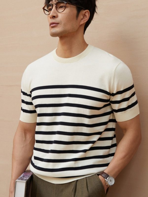 Summer New Short-sleeved Knitted Sweater Men's Striped Light Luxury Business Casual