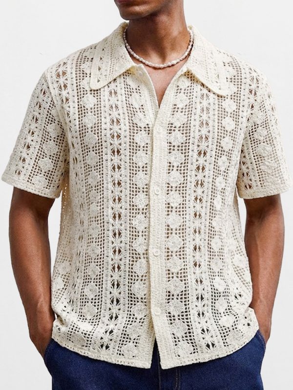 Mens Short-Sleeve Cardigan Crochet Hollow-Out Knitted Sweater