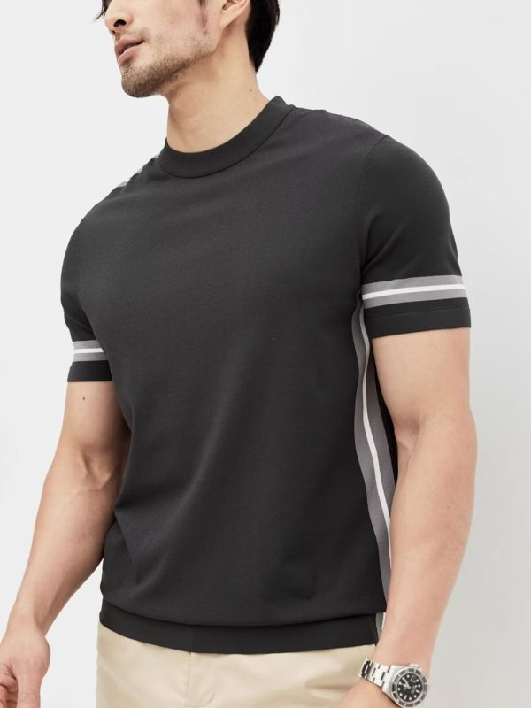 Ice Silk Men's Spliced Stripe Sport Short Sleeve T-shirt Summer New