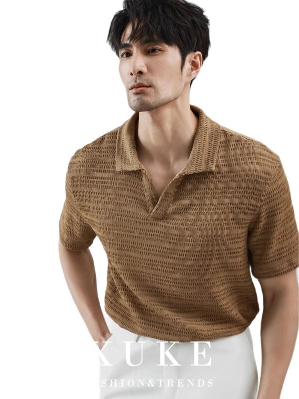 Men's V-neck Short-sleeved Knitted Sweater With Hollow-out Design For Summer, Made Of Cool Silk