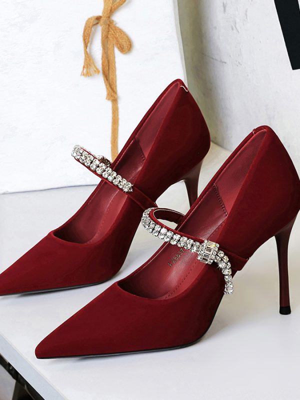 Pointed Toe Shallow Vamp Single Shoes With Rhinestone Strap Suede Commuting Shoes Banquet Shoes