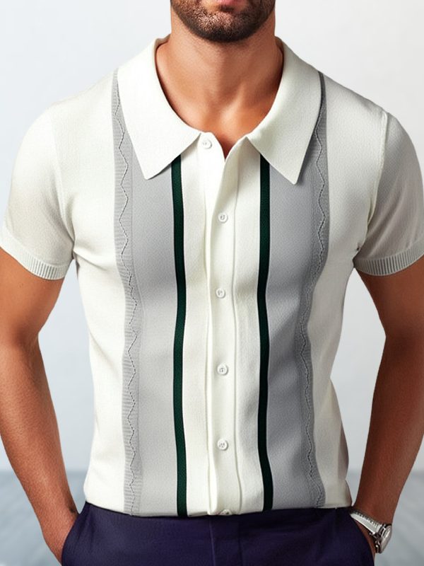 Summer New Men's Knitted Lapel Casual Striped Polo Shirt