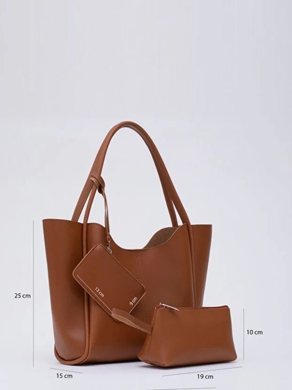 Tan SHK108 Faux Leather Women Hand And Shoulder Bag With Wallet And Makeup Bag