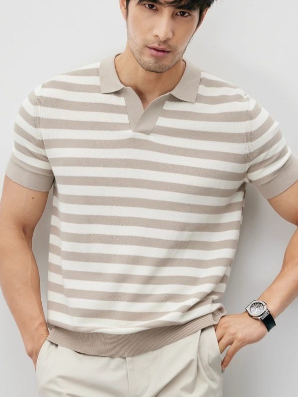 Summer New Ice Silk Short Sleeve Knitted Men's V-neck Lapel Slim