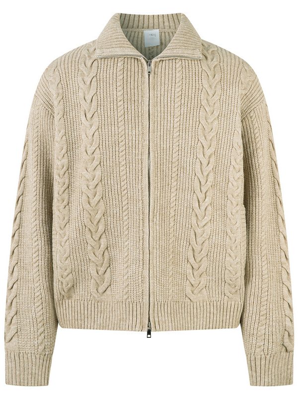 Mens Chunky-Knit Cable-Pattern Cardigan With Zipper