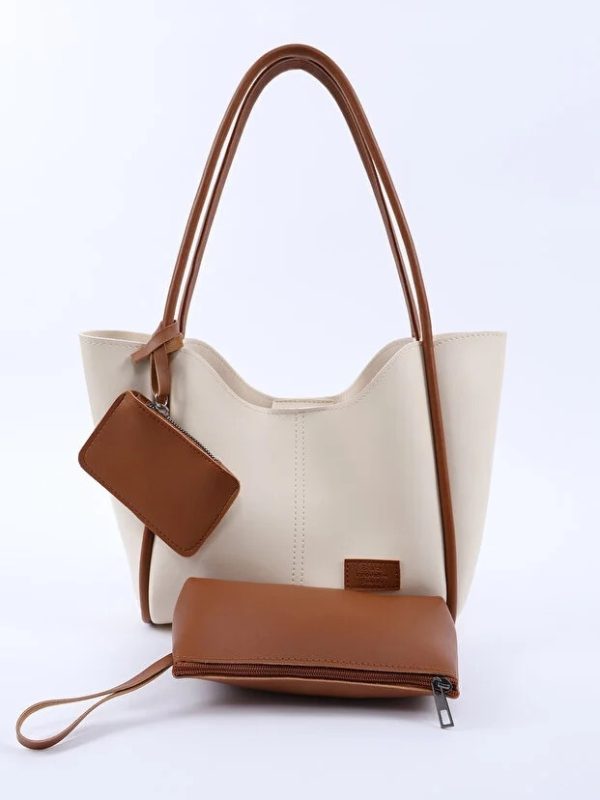 Cream Tan SHK108 Faux Leather Women Hand And Shoulder Bag With Wallet And Makeup Bag