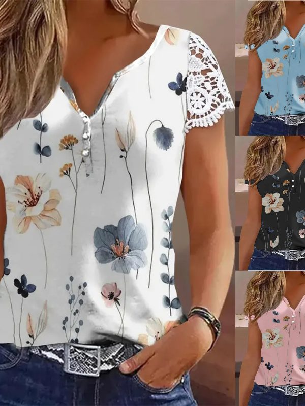 Womens Short-Sleeve Patchwork Lace T-Shirt