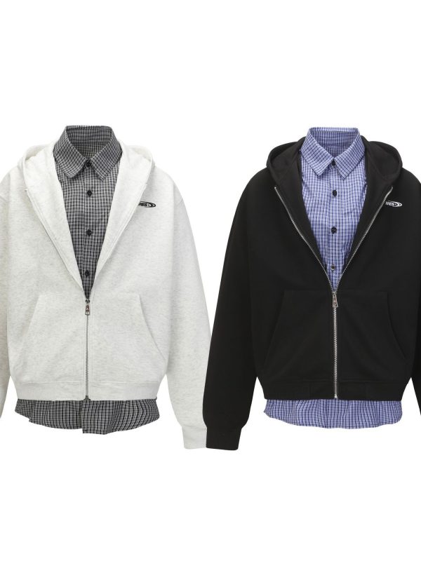 هودي رجالي أمريكي الطراز بنقشة مربعات وهمية من قطعتين