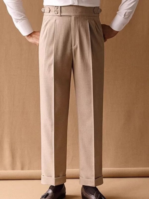 Mens Winter Straight-Leg High-Waist Trousers With Parisian Buckles For A Casual Look