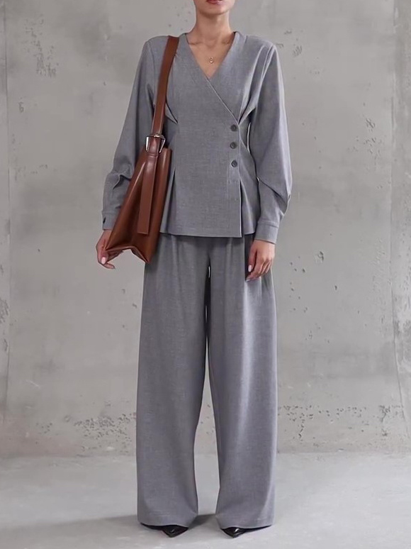 Light Gray V-Neck Asymmetrical Button Top & Wide-Leg Pants Set