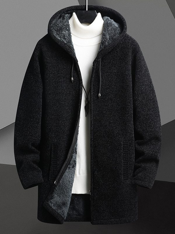 Fall Winter Men Fleece-lined Mid-length Zipper Hooded Sweater Cardigan
