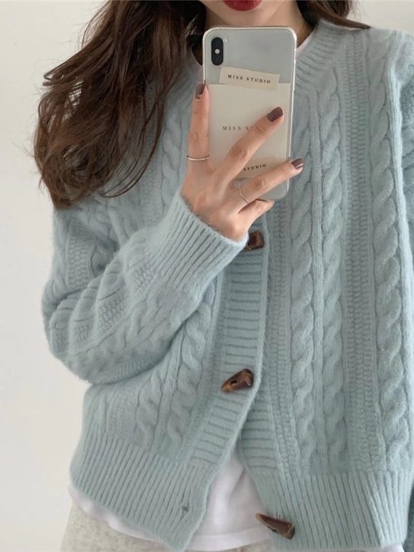 Womens Japanese-style Bell-shaped Button Short Ribbed Knit Sweater