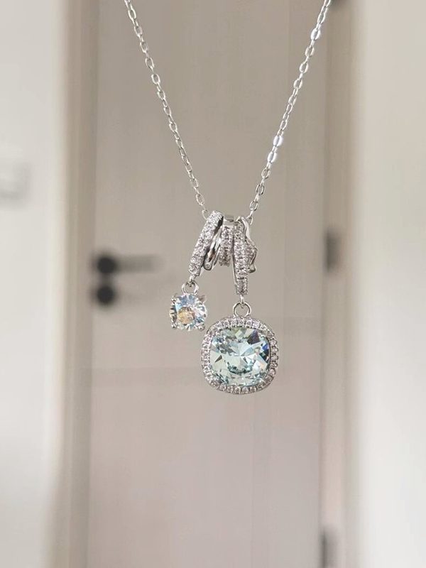 S925 Pure Silver Ice-clear Sea Blue Square Zircon Necklace