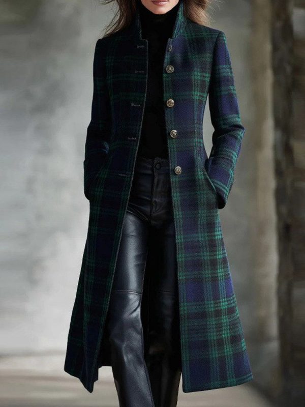 Womens Single-Breasted Plaid Long-Sleeve Long Cardigan Coat